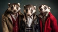 Gang family of badger in vibrant bright fashionable outfits, commercial, editorial advertisement