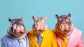 Gang family of hippopotamus hippo in vibrant bright fashionable outfits, commercial