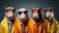 Gang family of hippopotamus hippo in vibrant bright fashionable outfits, commercial, editorial advertisement, surreal surrealism.