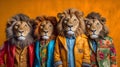 Gang family of lion in vibrant bright fashionable outfits, commercial, editorial advertisement
