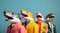 Gang family of shark in vibrant bright fashionable outfits, commercial, editorial advertisement