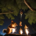 A gang of squirrels launching acorn fireworks into the night sky in a woodland celebration5