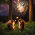 A gang of squirrels launching acorn fireworks into the night sky in a woodland celebration2