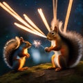 A gang of squirrels launching acorn fireworks into the night sky in a woodland celebration1