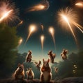 A gang of squirrels launching acorn fireworks into the night sky in a woodland celebration4