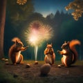 A gang of squirrels launching acorn fireworks into the night sky in a woodland celebration3