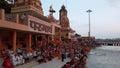 Ganga Aarti ceremony in Parmarth Niketan ashram at sunset.