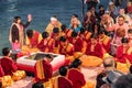 Ganga Aarti ceremony in Parmarth Niketan ashram at sunset. Rishikesh, India