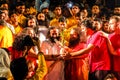 Ganga Aarti ceremony in Parmarth Niketan ashram at sunset. Rishikesh is World Capital of Yoga, has numerous yoga centres that also