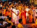 Ganga Aarti ceremony in Parmarth Niketan ashram at sunset. Rishikesh is World Capital of Yoga, has numerous yoga centres that also