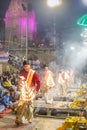 Ganga aarti rituals performed by young priests on the bank of Ganges rivert at Varanasi India. Royalty Free Stock Photo