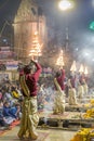 Ganga aarti rituals performed by young priests on the bank of Ganges rivert at Varanasi India. Royalty Free Stock Photo