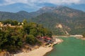 Ganga river and Himalayas mountains from Lakshman Jhula bridge in Rishikesh