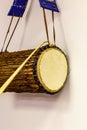 Close up of Gangan or Talking drum face and kongo, a Nigeria Yoruba musical instrument. Royalty Free Stock Photo