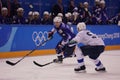 Team United States Blue in action against Team Slovenia during men`s ice hockey preliminary round game at 2018 Winter Olympics