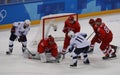 Team United States in action against Team Olympic Athlete from Russia Men`s ice hockey preliminary round game at 2018 Olympics Royalty Free Stock Photo