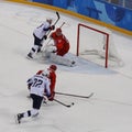 Team United States in action against Team Olympic Athlete from Russia Men`s ice hockey preliminary round game at 2018 Olympics Royalty Free Stock Photo