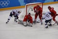 Team United States in action against Team Olympic Athlete from Russia Men`s ice hockey preliminary round game at 2018 Olympics Royalty Free Stock Photo