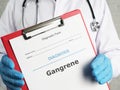 Gangrene is shown on the medical photo using the text