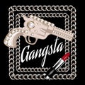 Gangsta. Vector hand drawn illustration of gun with pearls, red pomade and chains isolated.