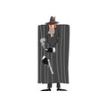 Gangster criminal character in black coat and fedora hat standing with gun and smoking vector Illustration on a white Royalty Free Stock Photo