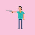 Gangster criminal character. Man pointing revolver gun wearing hawaiian shirt, 8 bit pixel art character. Mafia