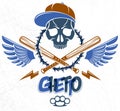 Gangster emblem logo or tattoo with aggressive skull baseball bats and other weapons and design elements.