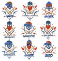 Gangster emblem logo or tattoo with aggressive skull baseball bats and other weapons and design elements, criminal