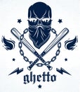 Gangster emblem logo or tattoo with aggressive skull baseball bats and other weapons and design elements, vector, criminal ghetto