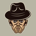 Gangster man head in fedora hat with bristle character colorful vector illustration in cartoon style isolated on light