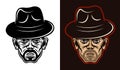 Gangster man head in fedora hat with bristle two styles black on white and colorful on dark background vector