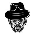 Gangster man head in fedora hat with bristle. Vector character illustration in vintage monochrome style isolated on