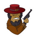 Gangster monkey in suit holding machine gun. Vector illustration, serios gorilla head in fedora hat on a white