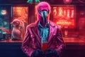Gangster pink flamingo struts confidently in a neon bar, sporting a fashionable leather jacket, adorned with extravagant jewelry