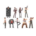 Gangster set, criminal characters in fedora hat with gun vector Illustrations on a white background