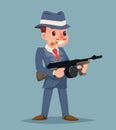 Gangster with Submachine Gun Thug Criminal Character Icon Retro Cartoon Design Vector Illustration