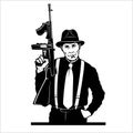 Gangster with Thompson submachine gun. Vector illustration