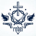 Gangster thug emblem or logo with Christian Cross, weapons and different design elements , vector tattoo, anarchy and chaos, dead