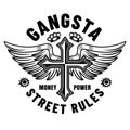 Gangster vector monochrome emblem with cross and angel wings tattoo style. Illustration isolated on white Royalty Free Stock Photo