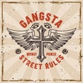 Gangster vector vintage emblem with cross and angel wings tattoo style. Illustration on background with removable Royalty Free Stock Photo