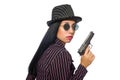 Gangster woman with gun isolated on white Royalty Free Stock Photo
