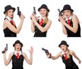The gangster woman with handgun on white Royalty Free Stock Photo