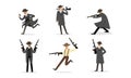 Gangsters Criminal Mobsters Set, American Mafia Criminal Characters in Raincoat Fedora Hat with Gun Cartoon Vector