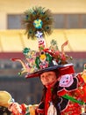 Close-up of lama in ritual costume and ornate hat performs a historical religious mystery Black Hat Dance of Tibetan Buddhism on Royalty Free Stock Photo