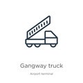 Gangway truck icon. Thin linear gangway truck outline icon isolated on white background from airport terminal collection. Line
