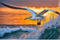 Gannet in Mid-Flight - Feathers Defined with Precision, Eyes Sharp Against Dynamic Backdrop of Crashing Waves