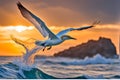 Gannet in Mid-Flight - Feathers Defined with Precision, Eyes Sharp Against Dynamic Backdrop of Crashing Waves