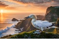 Gannet in Mid-Flight - Feathers Defined with Precision, Eyes Sharp Against Dynamic Backdrop of Crashing Waves