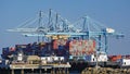 Gantry cranes in a modern industrial shipping harbor operation load a container ship in the Port of Los Angeles Royalty Free Stock Photo