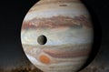 Ganymede satellite with Jupiter planet in the solar system - 3d illustration, closeup view